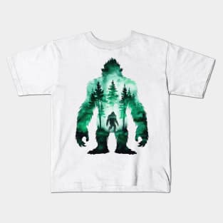 Bigfoot Sasquatch Yeti watercolor forest Silhouette Design Kids T-Shirt